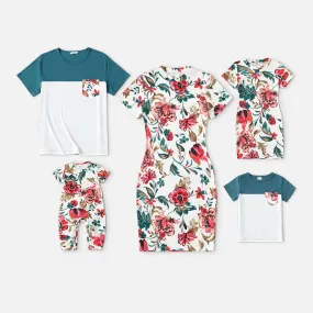 Family Matching 95% Cotton Colorblock T-shirts and Allover Floral Print Short-sleeve Bodycon Dresses Sets