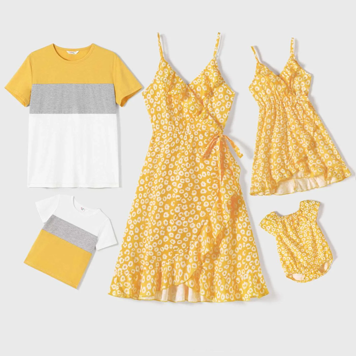 Family Matching Allover Floral Print Shirred Tiered Dresses and Short-sleeve Colorblock T-shirts Sets