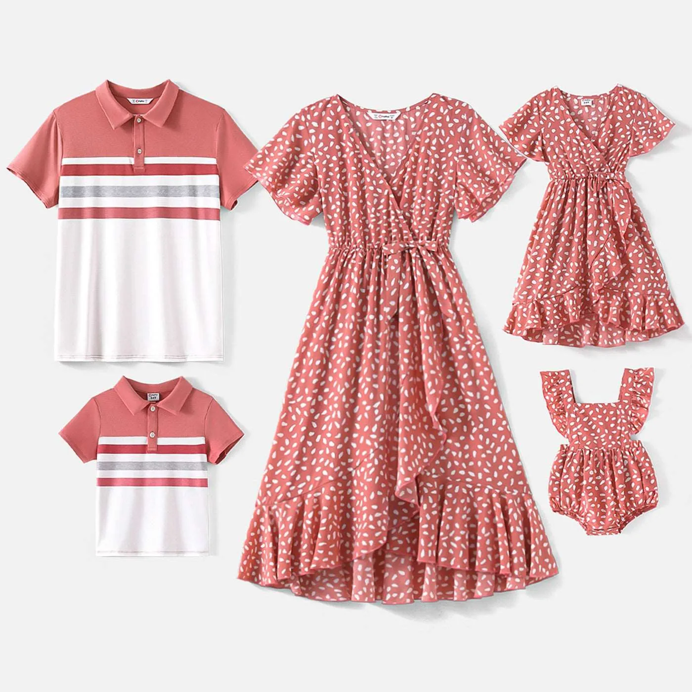 Family Matching Allover Floral Print Shirred Tiered Dresses and Short-sleeve Colorblock T-shirts Sets