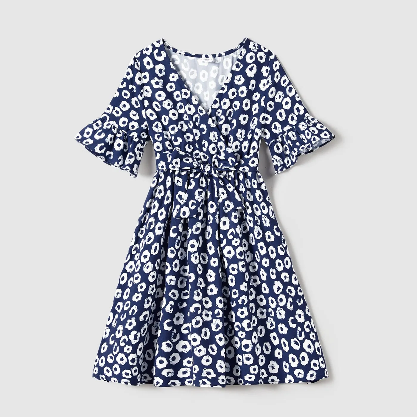 Family Matching Allover Print Short-sleeve Belted Dresses and Cotton Color Block T-shirts Sets