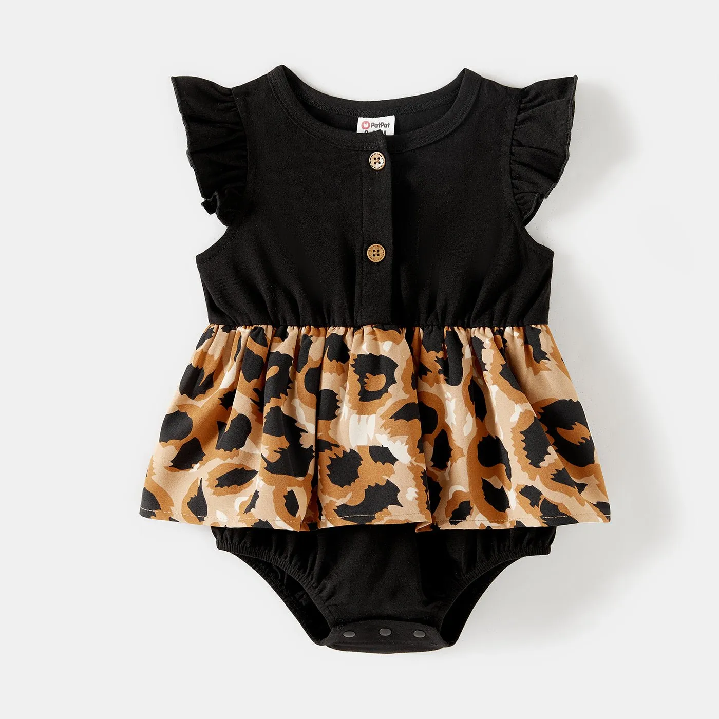 Family Matching Cotton Black Short-sleeve T-shirts and Leopard Print High Low Hem Flutter-sleeve Dresses Sets