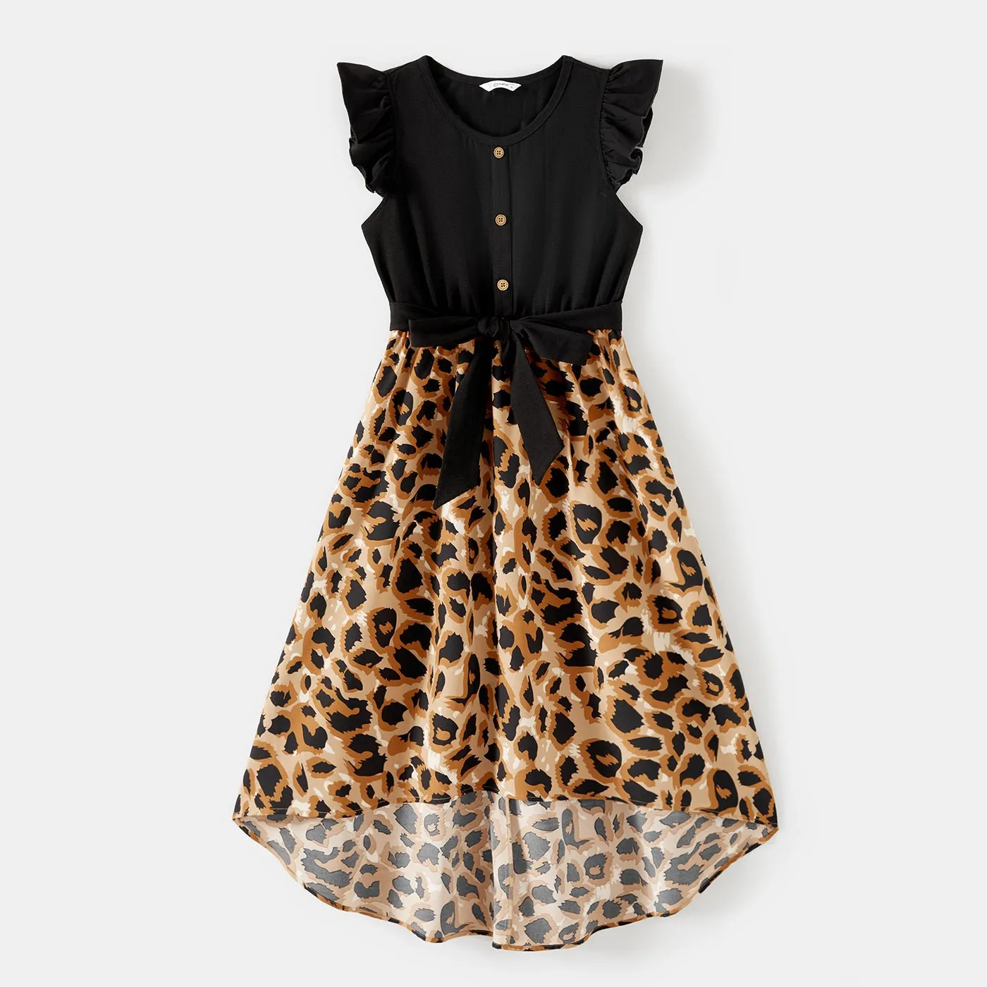 Family Matching Cotton Black Short-sleeve T-shirts and Leopard Print High Low Hem Flutter-sleeve Dresses Sets