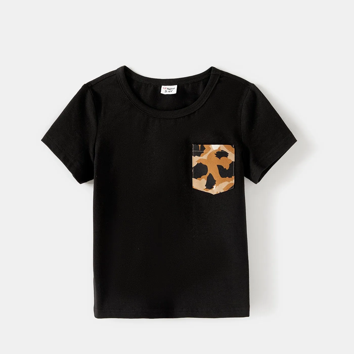 Family Matching Cotton Black Short-sleeve T-shirts and Leopard Print High Low Hem Flutter-sleeve Dresses Sets