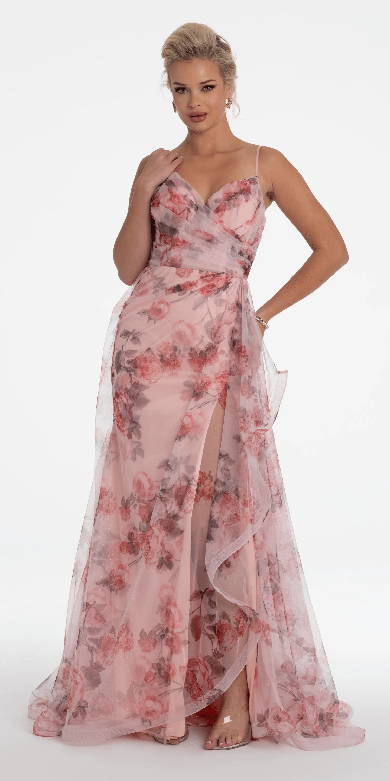 Floral Print Mesh Sweetheart A Line Dress with Side Slit