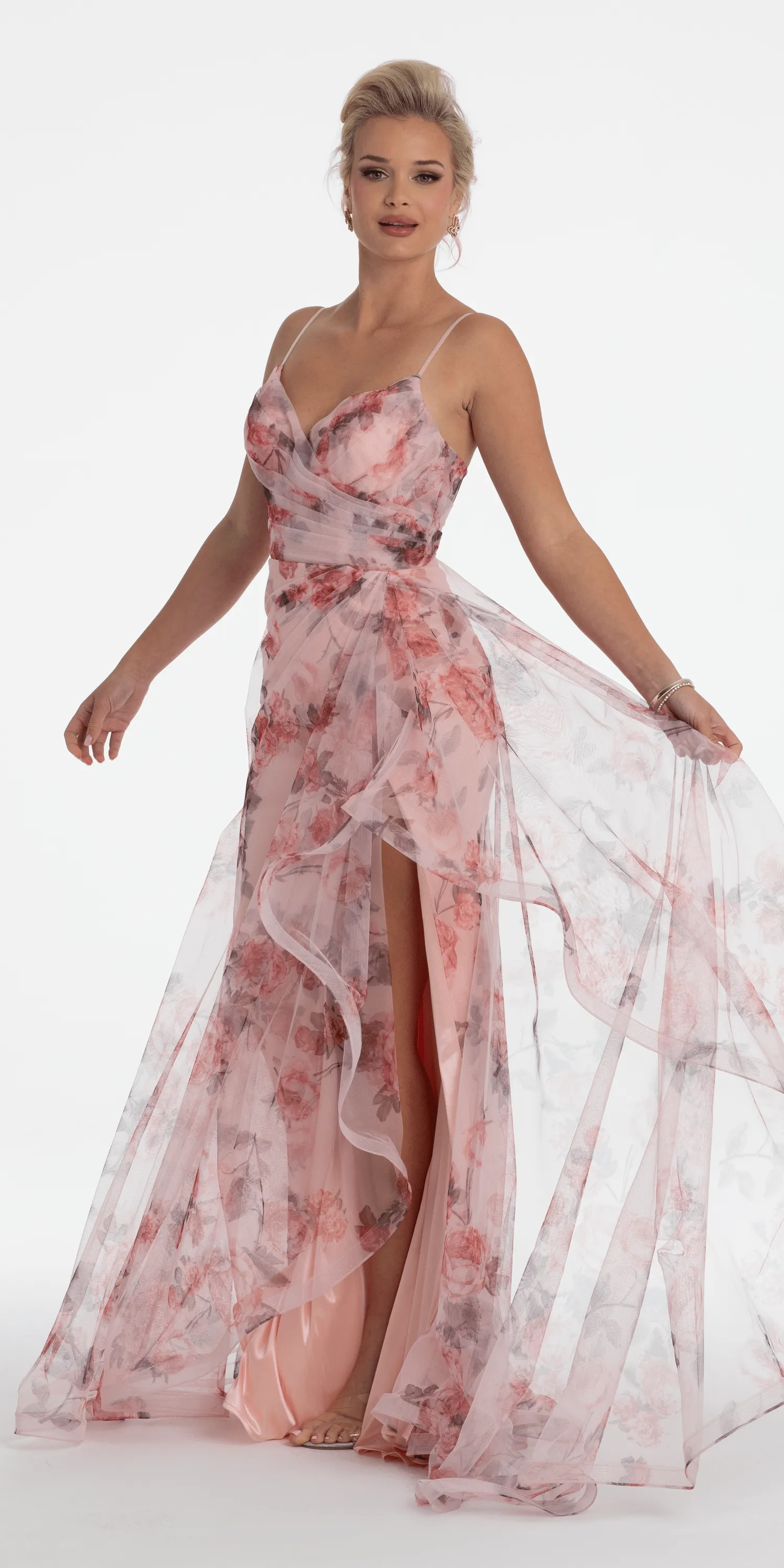 Floral Print Mesh Sweetheart A Line Dress with Side Slit