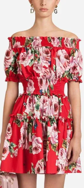 Floral Print Off-the -Shoulder Red Mini Dress