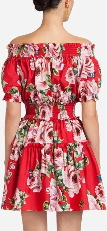 Floral Print Off-the -Shoulder Red Mini Dress