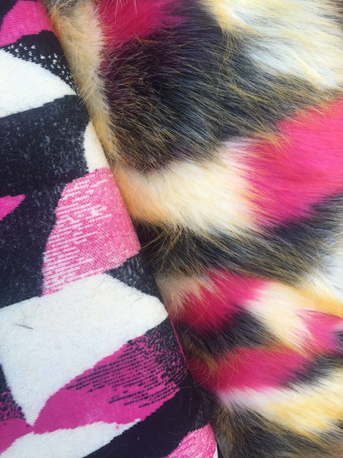 Fuchsia multi color jacquard faux fun fur-shaggy fun fur-super soft faux fun fur-fashion-decorations-apparel-throw blankets-sold by the yard