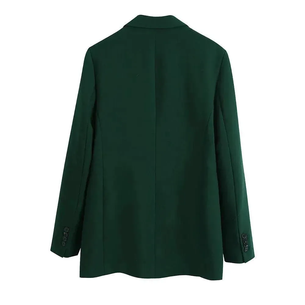 Green Double Breasted Blazer Women - Casual - Plain-Solid