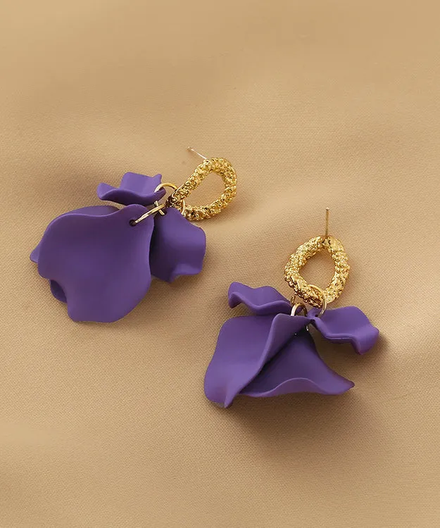 Handmade Purple Floral Alloy Acrylic Hoop Earrings LY1803