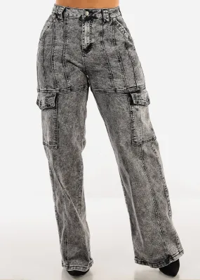 High Waist Straight Wide Legged Cargo Jeans Black Acid Wash