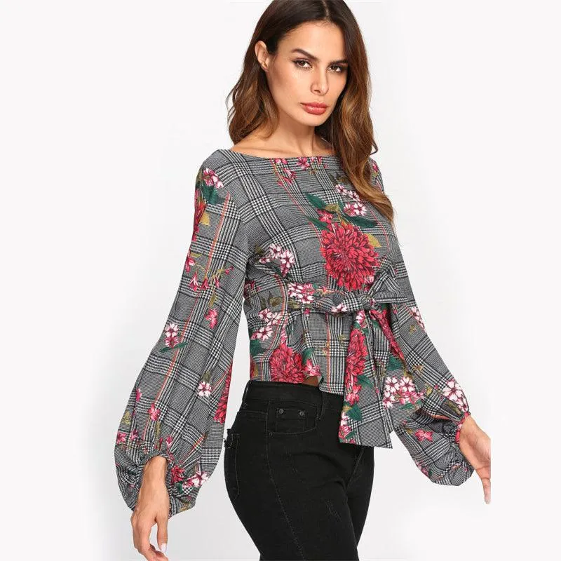 HOLLY’S HOUNDSTOOTH FLORAL LANTERN SLEEVE TOP