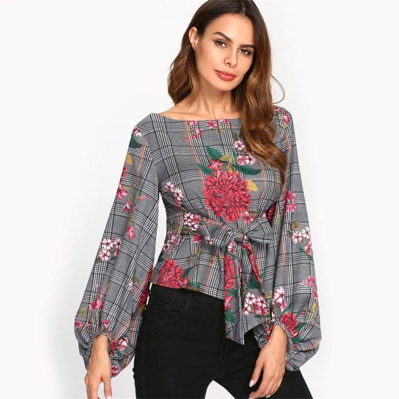 HOLLY’S HOUNDSTOOTH FLORAL LANTERN SLEEVE TOP