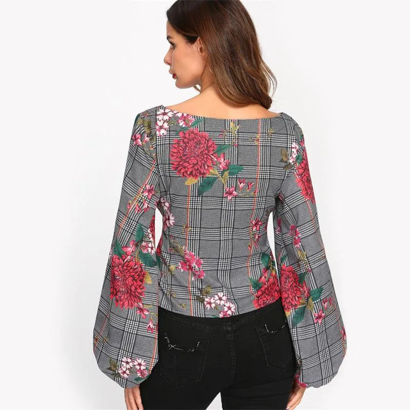 HOLLY’S HOUNDSTOOTH FLORAL LANTERN SLEEVE TOP