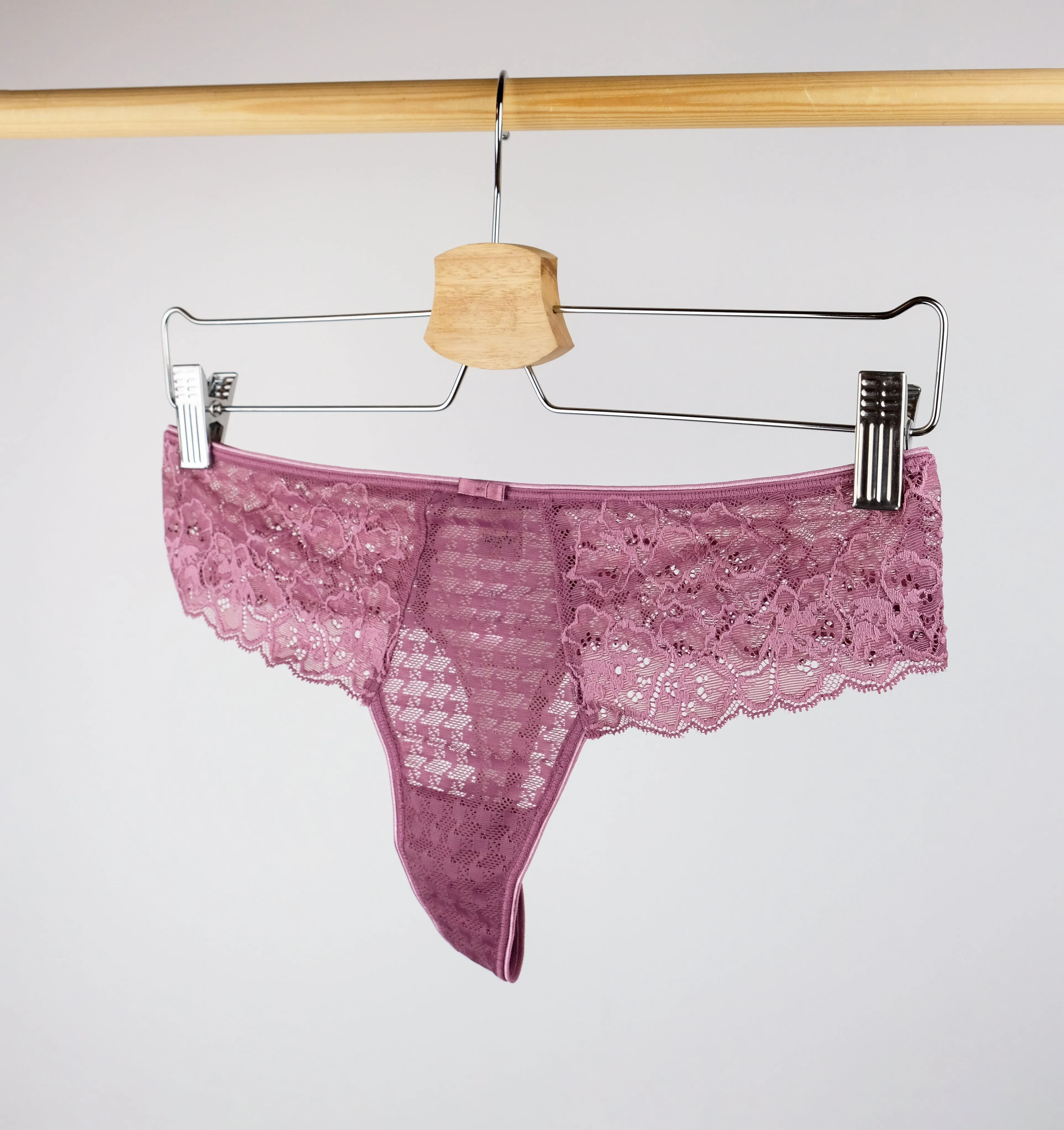 Houndstooth & floral lace thong [Rose mauve]