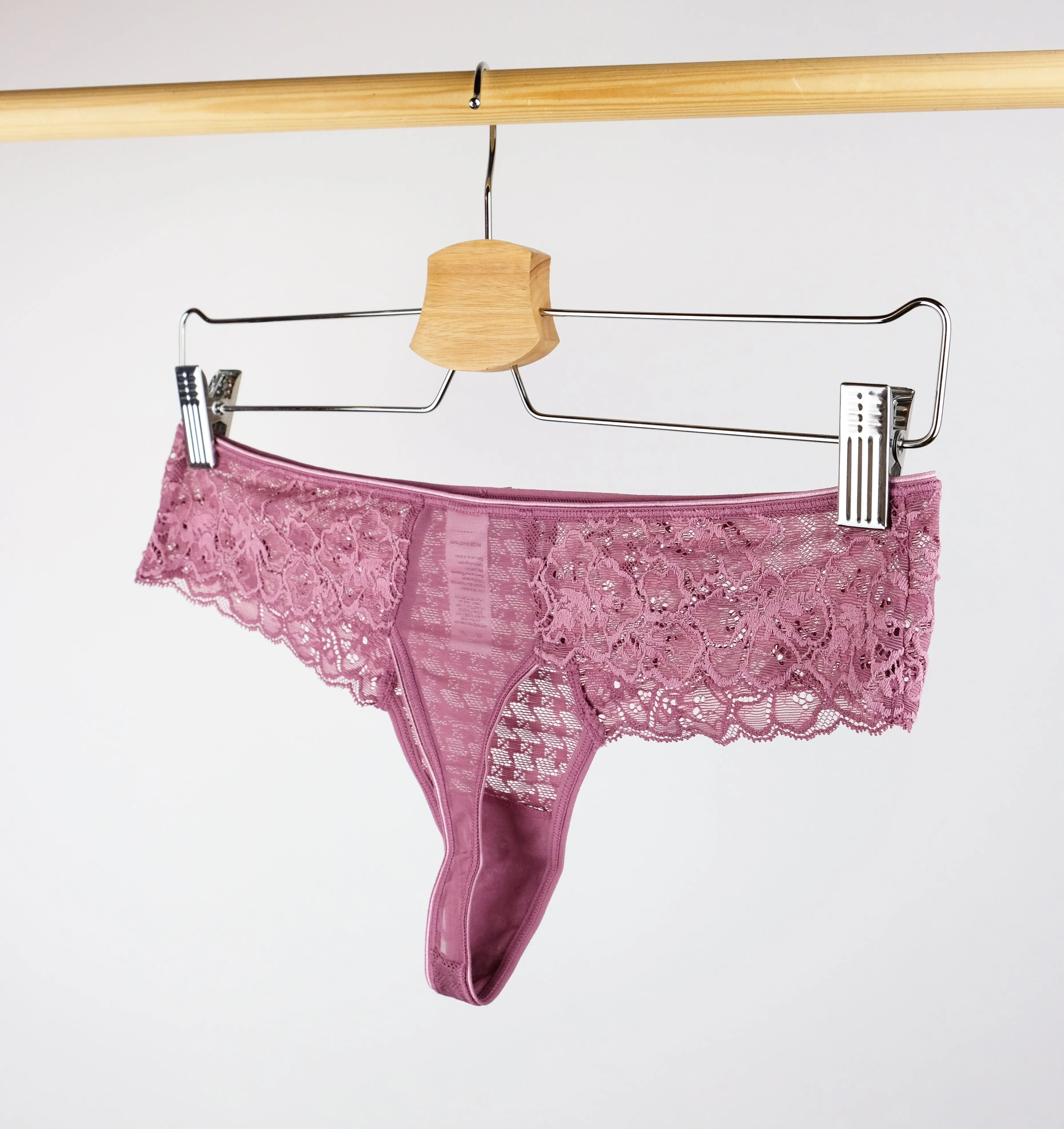 Houndstooth & floral lace thong [Rose mauve]