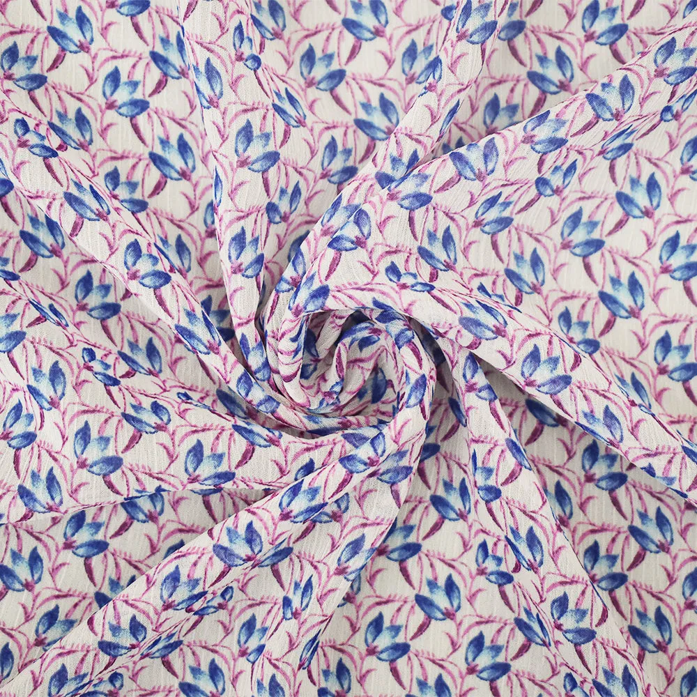 Ivory-Purple-Blue Floral Printed Poly Yoryu Chiffon Woven Fabric