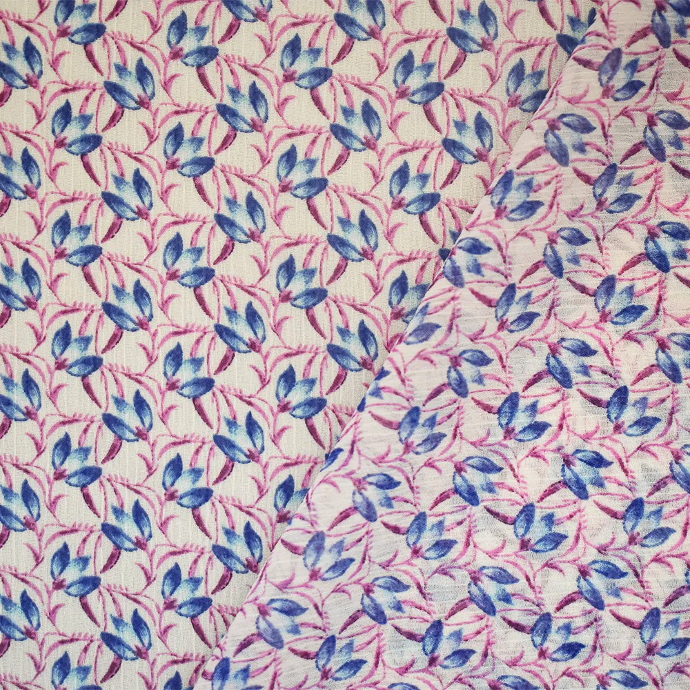 Ivory-Purple-Blue Floral Printed Poly Yoryu Chiffon Woven Fabric