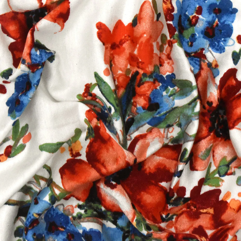 Ivory-Red-Multi Floral Printed Slub Rayon Stretch Jersey Knit Fabric