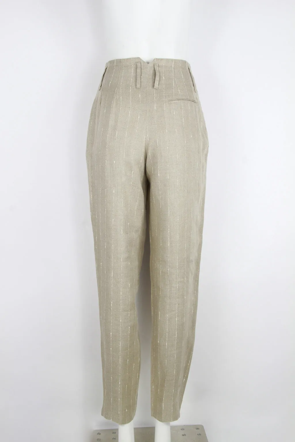 Ladies Pleated Linen Trousers with slub yarn pinstripe - S