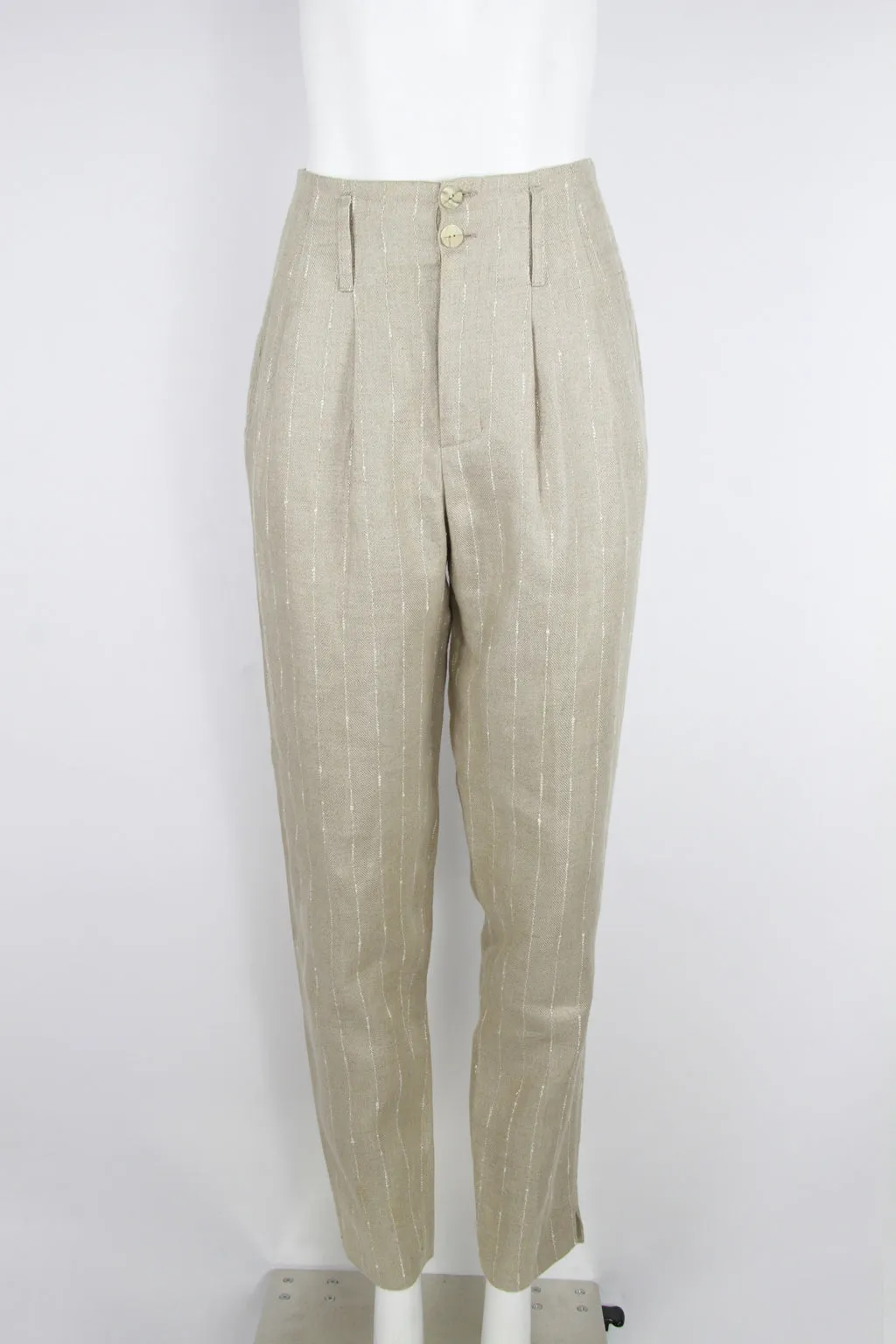 Ladies Pleated Linen Trousers with slub yarn pinstripe - S