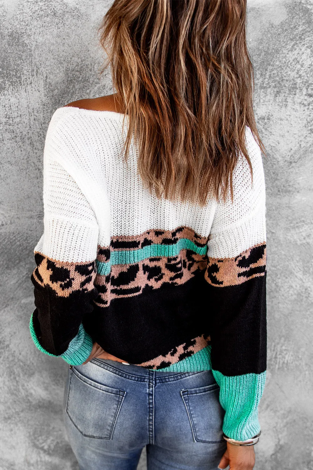 Leopard Color Block V Neck Sweater