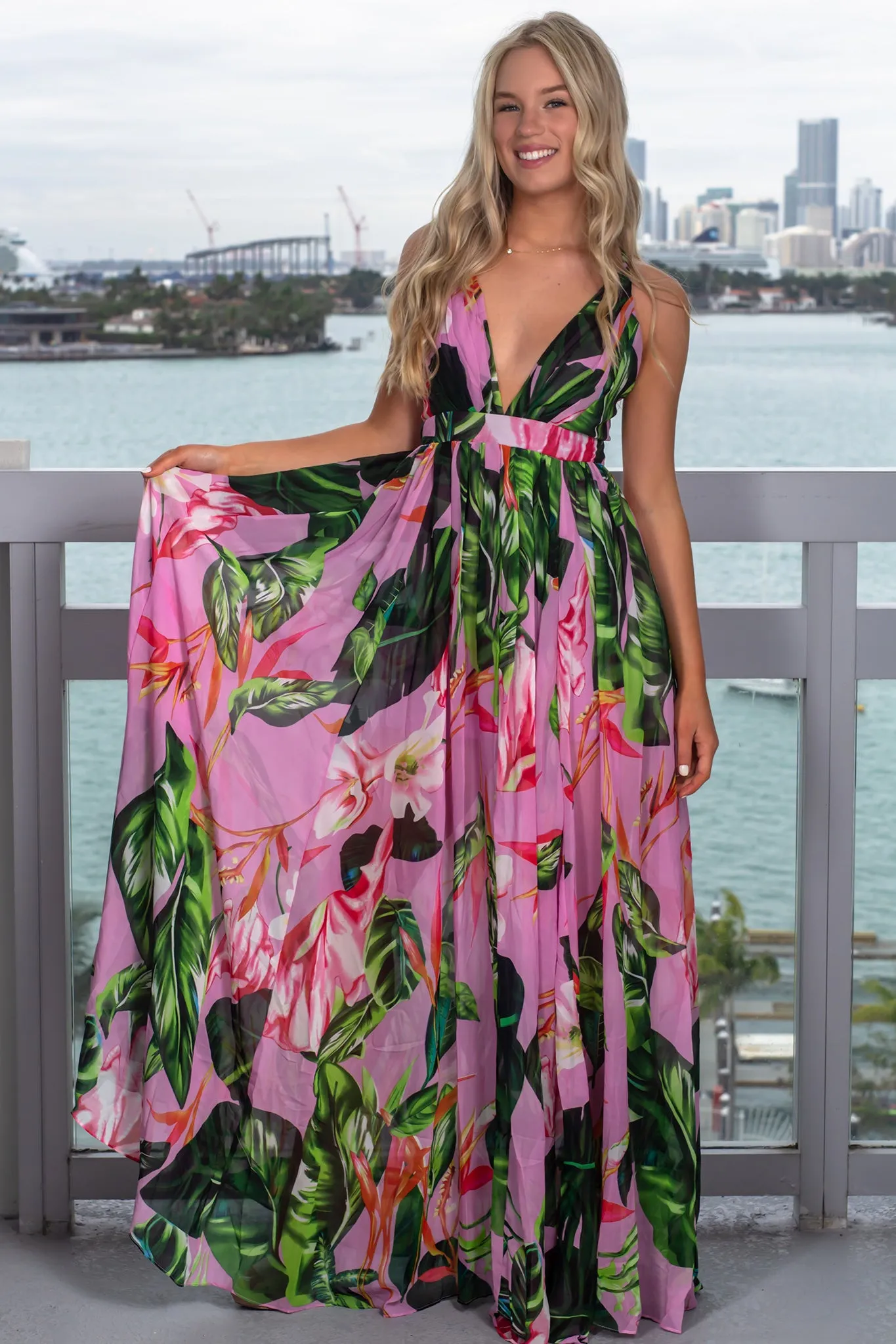 Lilac and Green Floral Maxi Dress