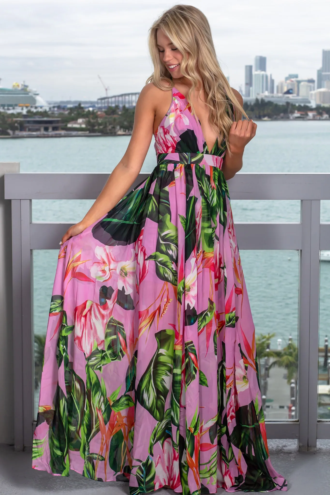 Lilac and Green Floral Maxi Dress