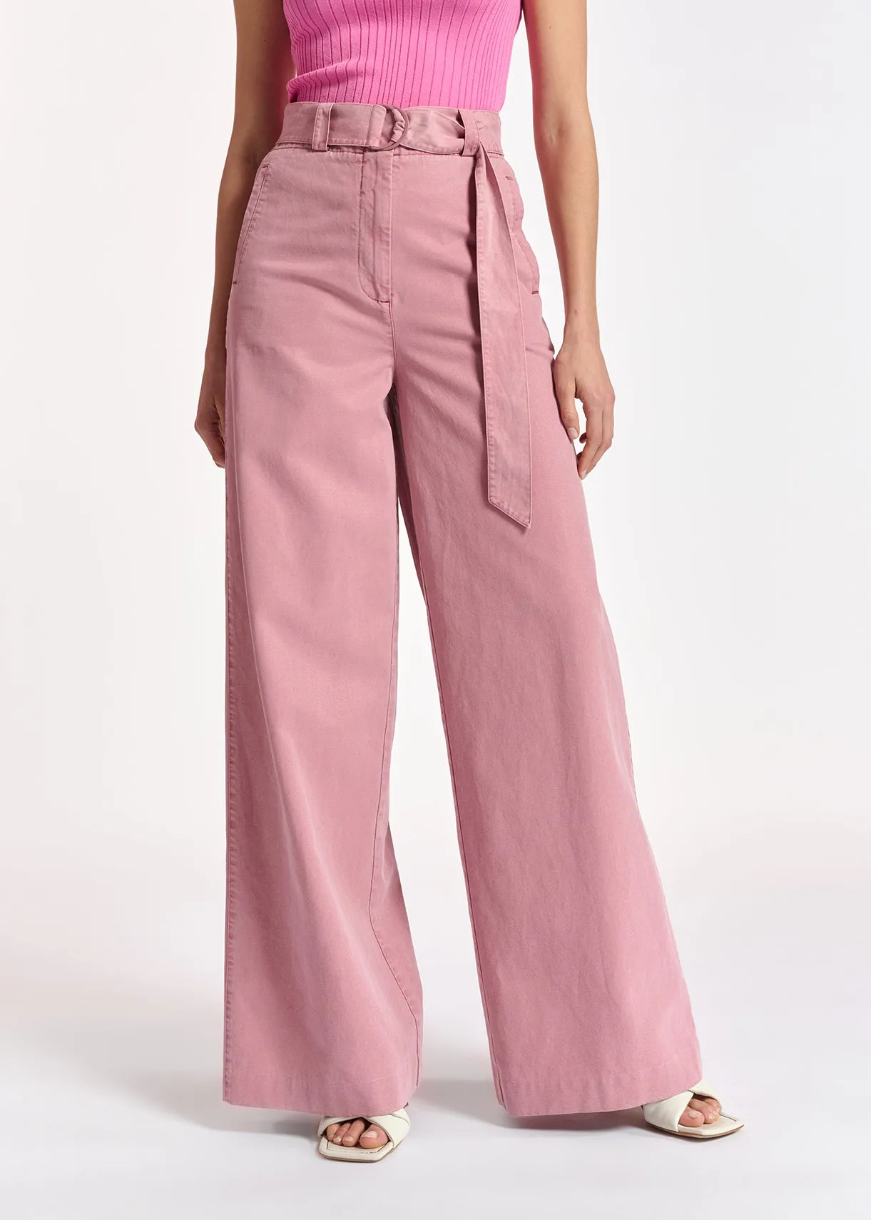 Lilac belted high-waisted wide-leg jeans