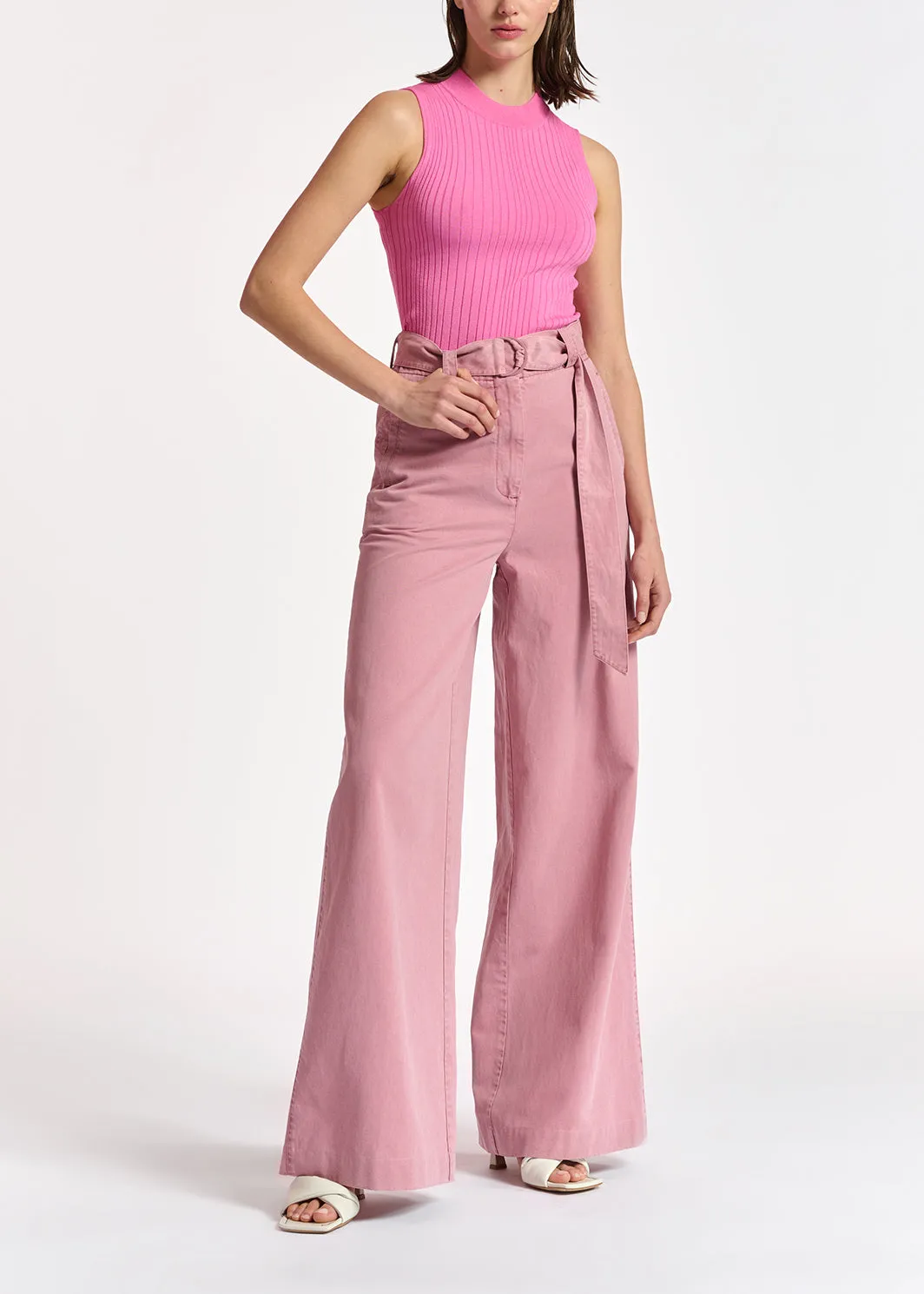 Lilac belted high-waisted wide-leg jeans