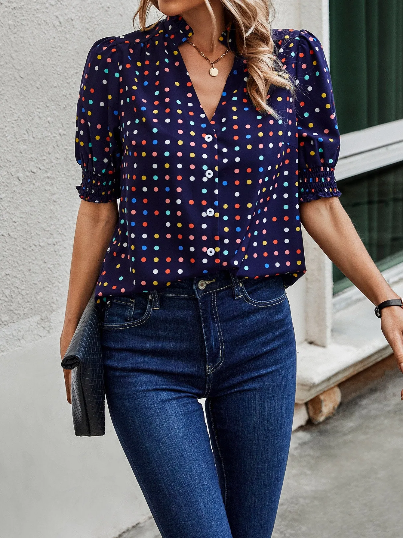 LUNE Polka Dot Print Puff Sleeve Shirt