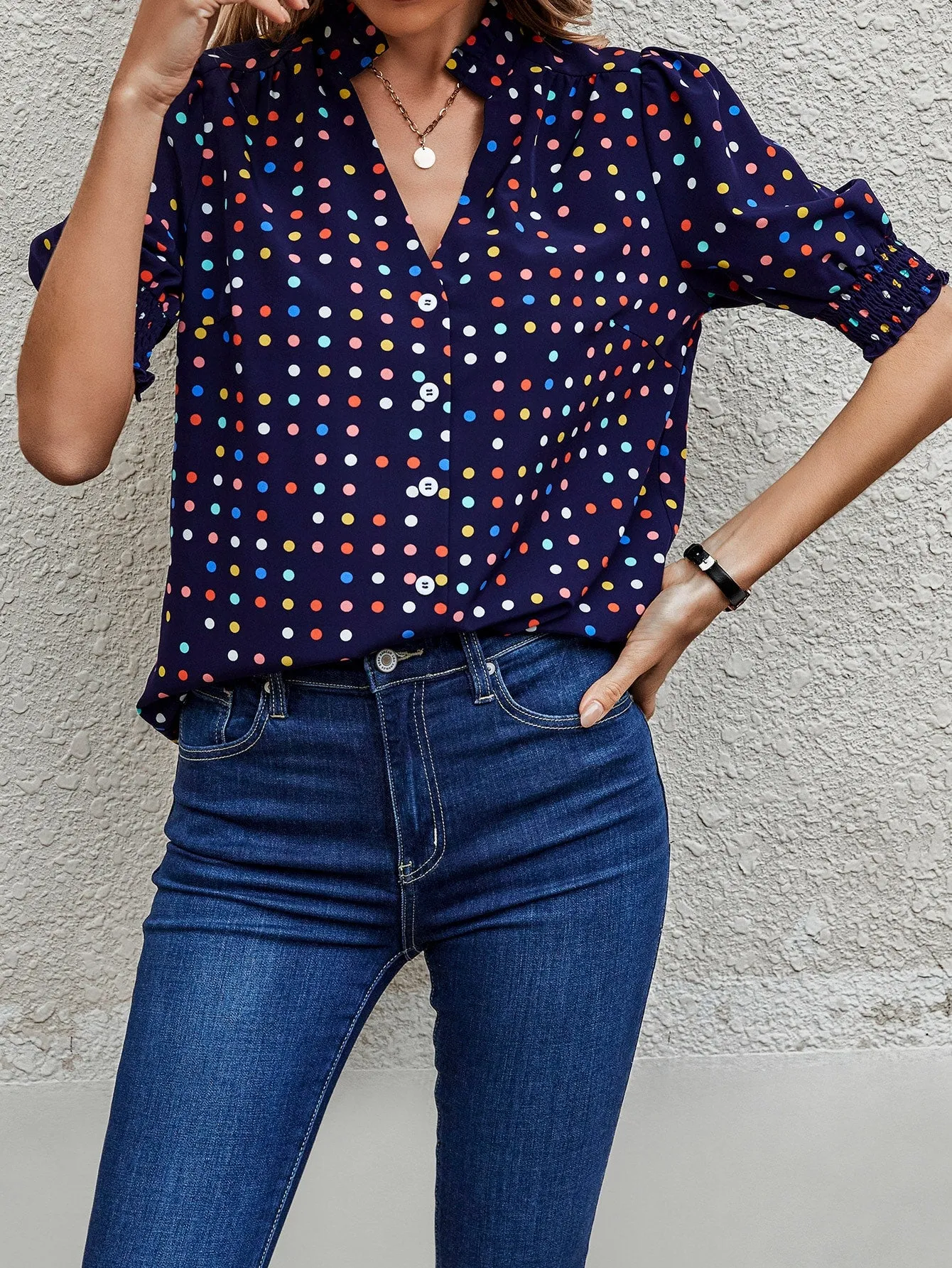 LUNE Polka Dot Print Puff Sleeve Shirt