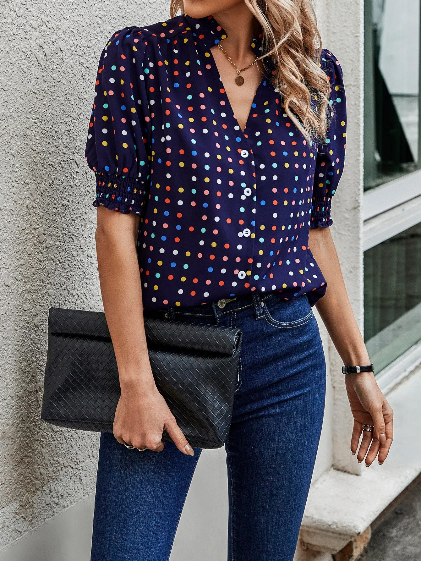 LUNE Polka Dot Print Puff Sleeve Shirt