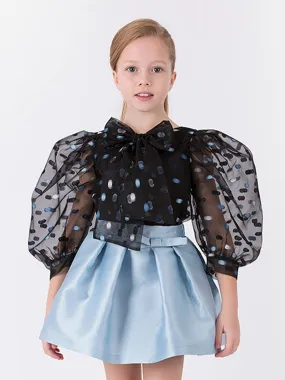 Mama Luma Girls Organza Sleeves Polka Dot Blouse in Navy