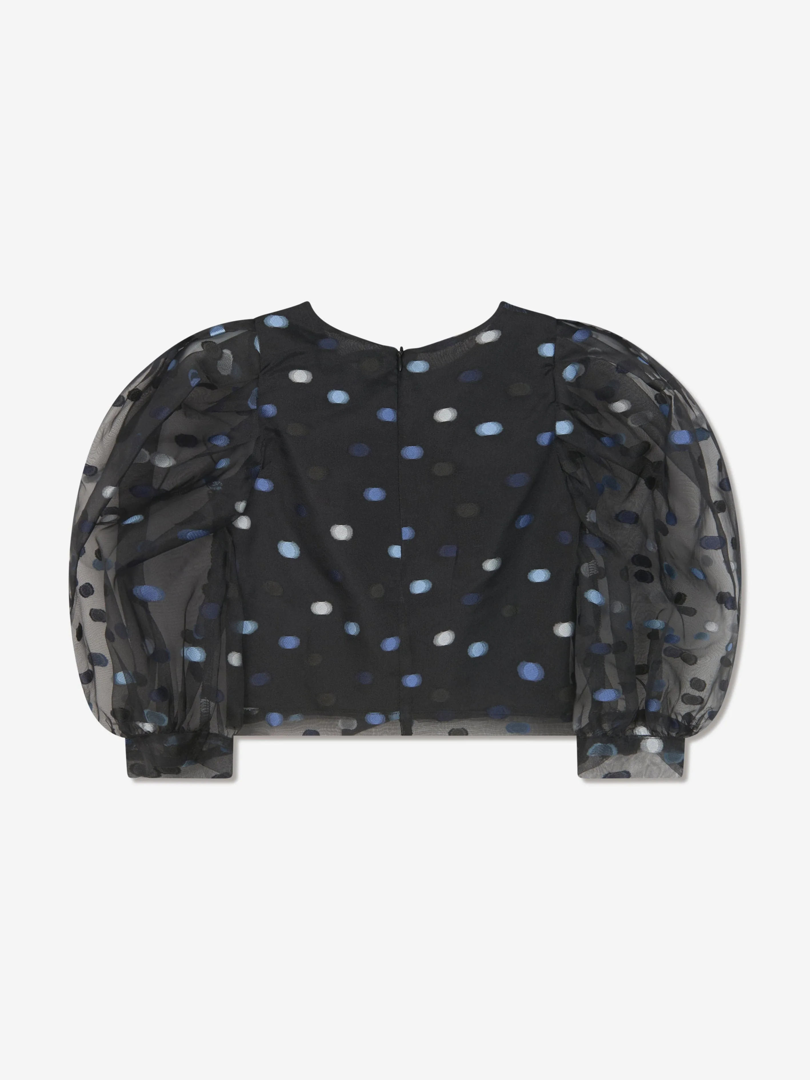 Mama Luma Girls Organza Sleeves Polka Dot Blouse in Navy