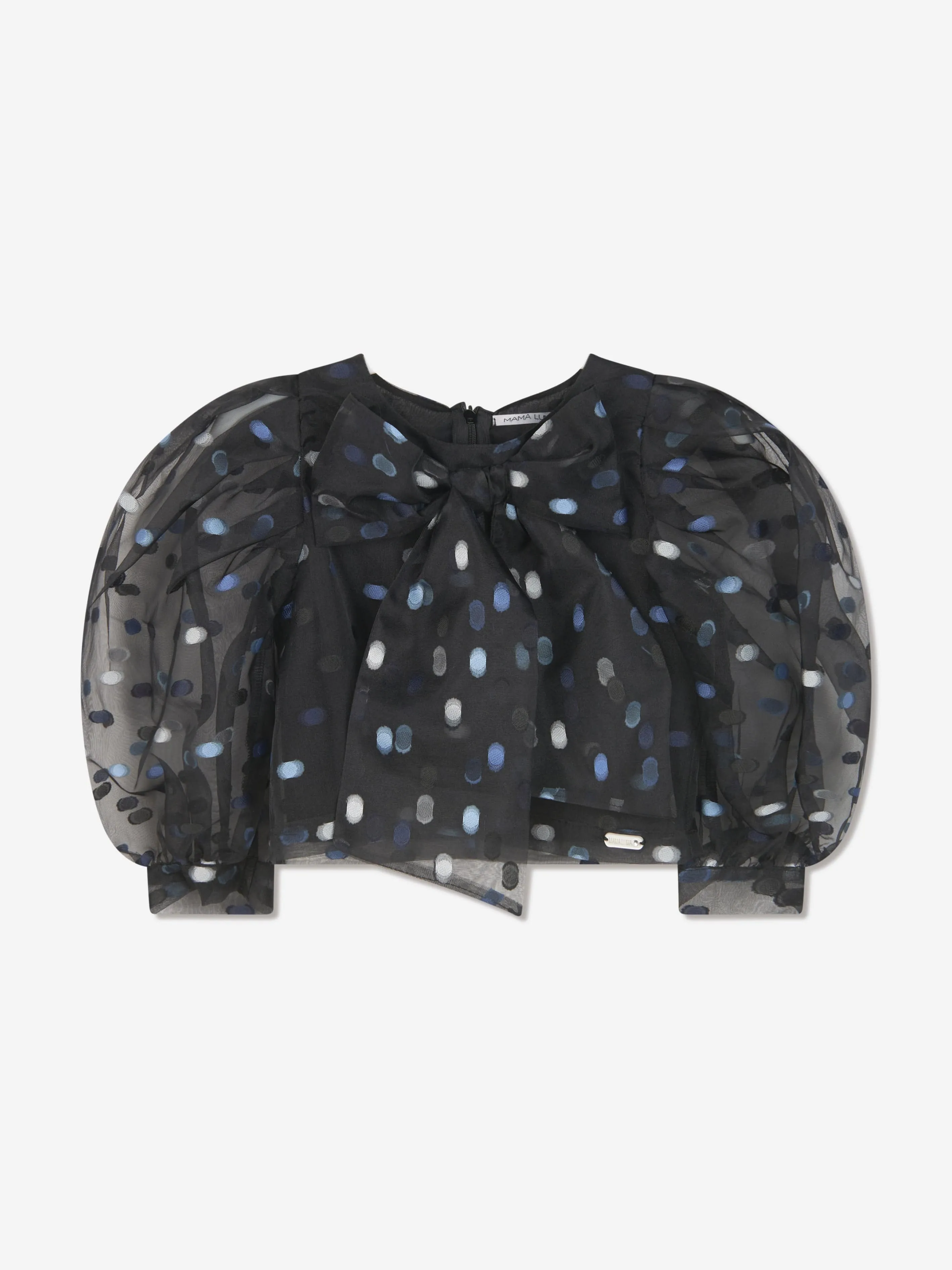 Mama Luma Girls Organza Sleeves Polka Dot Blouse in Navy