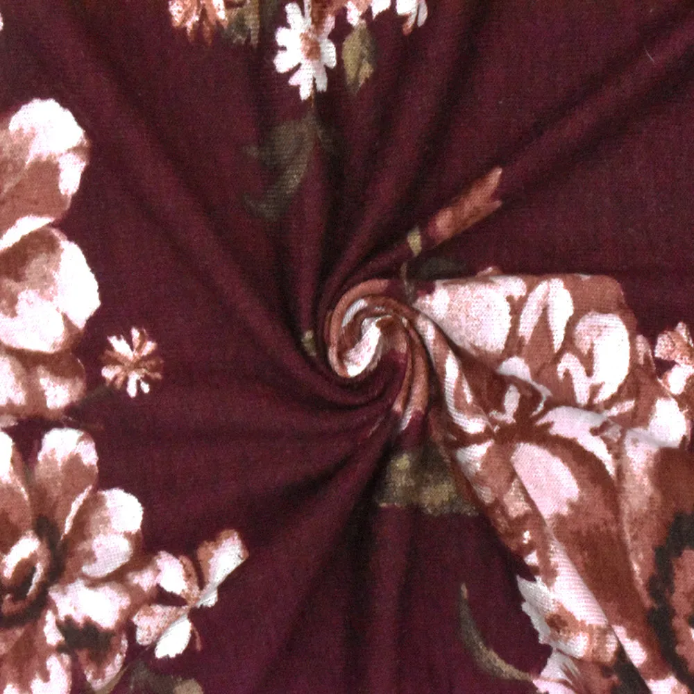 Maroon Red-Brown-Multi Floral Printed Rayon Stretch Jersey Knit Fabric