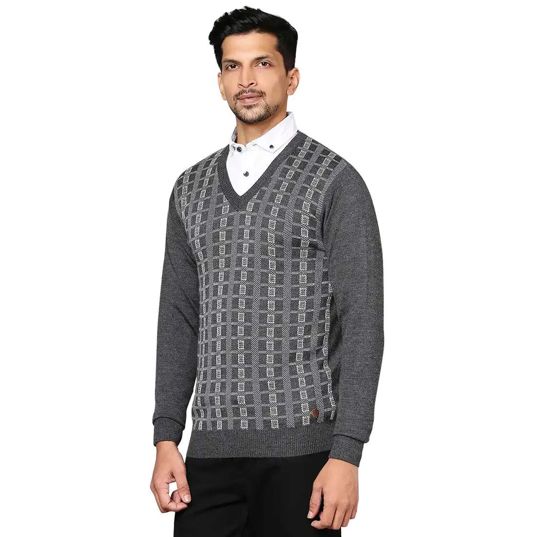 Men Grey Wrapper Wool Blend Full Sleeve V Neck Collar Sweaters