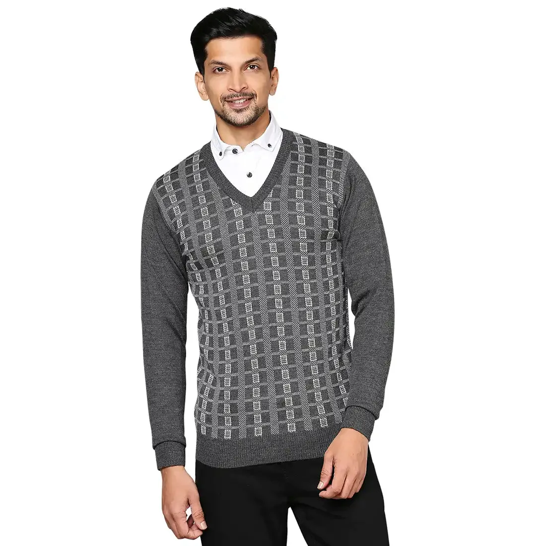 Men Grey Wrapper Wool Blend Full Sleeve V Neck Collar Sweaters