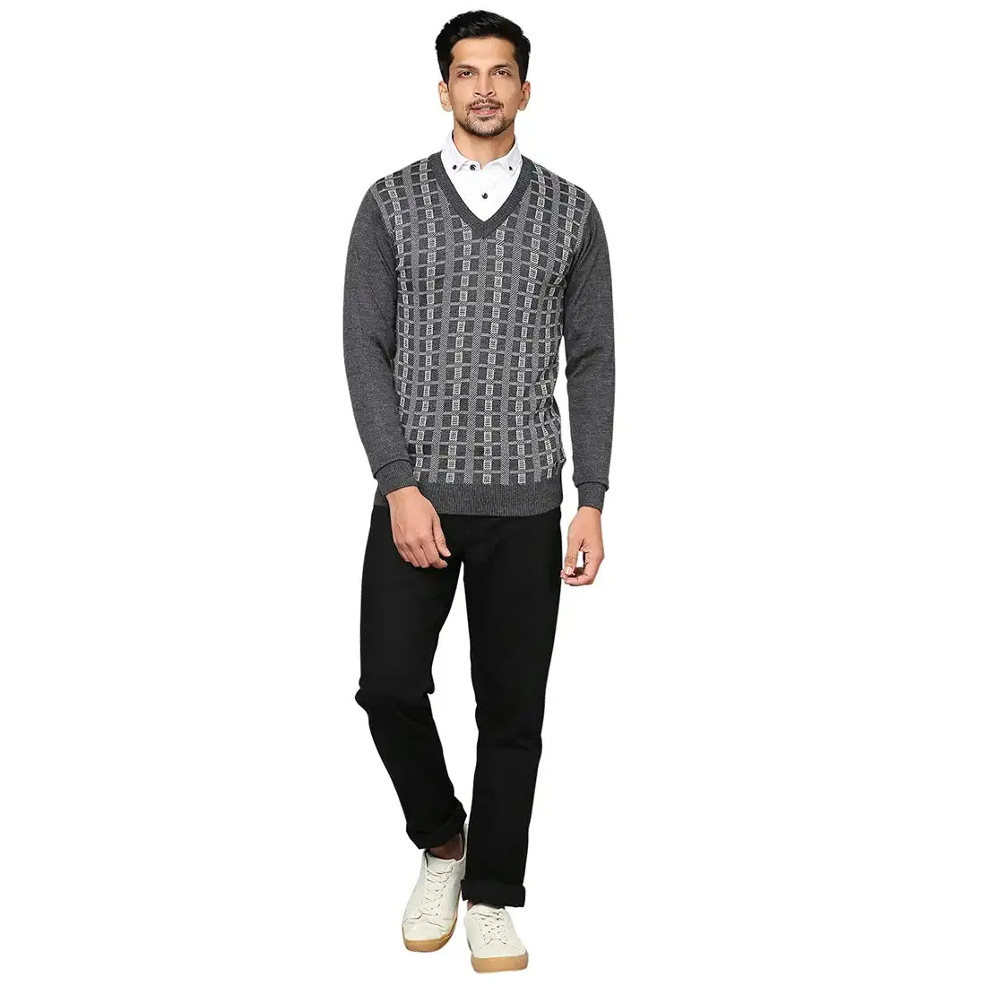 Men Grey Wrapper Wool Blend Full Sleeve V Neck Collar Sweaters