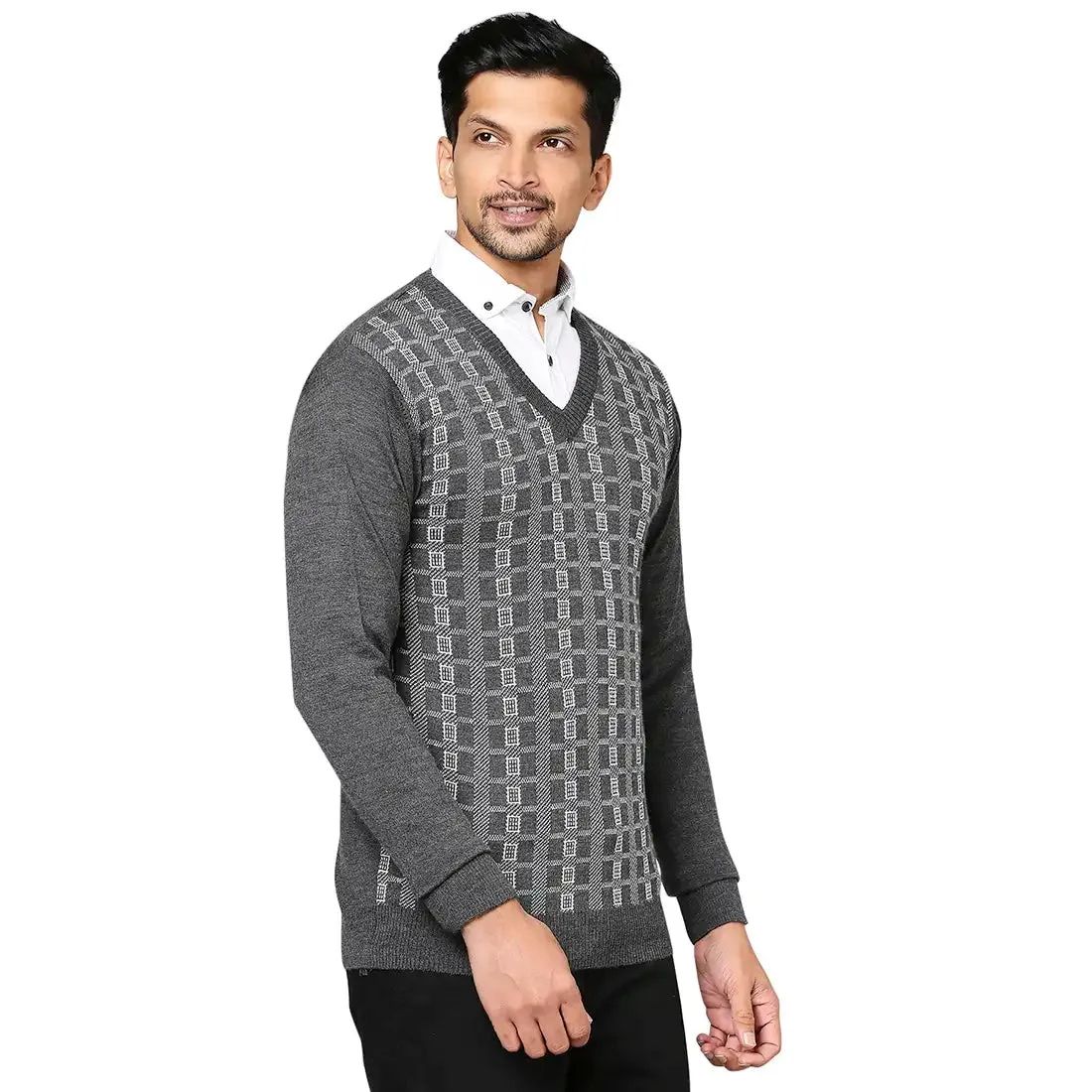 Men Grey Wrapper Wool Blend Full Sleeve V Neck Collar Sweaters