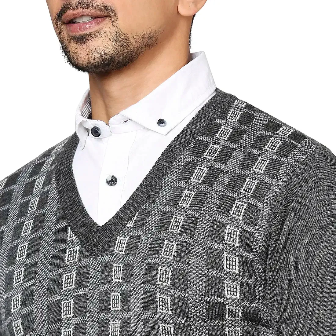 Men Grey Wrapper Wool Blend Full Sleeve V Neck Collar Sweaters