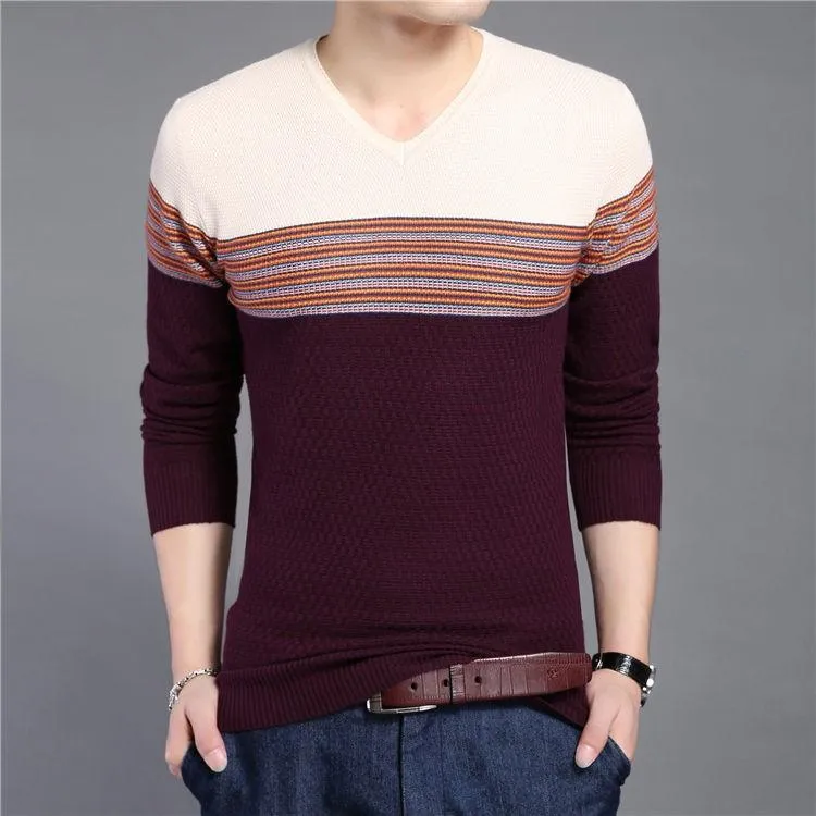 Men's Striped V-Neck Casual Patchwork Pullover