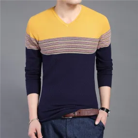 Men's Striped V-Neck Casual Patchwork Pullover