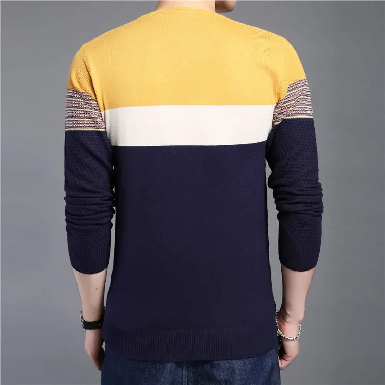 Men's Striped V-Neck Casual Patchwork Pullover