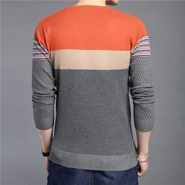 Men's Striped V-Neck Casual Patchwork Pullover