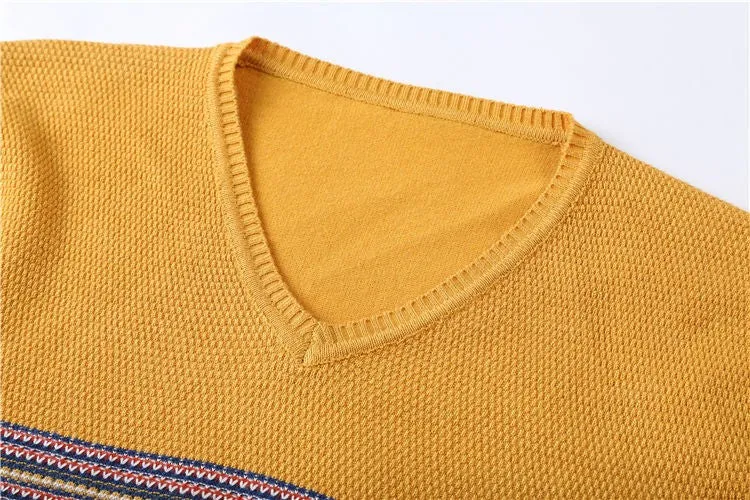 Men's Striped V-Neck Casual Patchwork Pullover