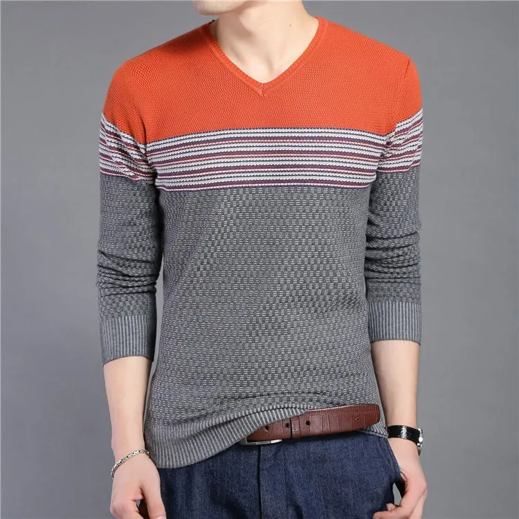 Men's Striped V-Neck Casual Patchwork Pullover