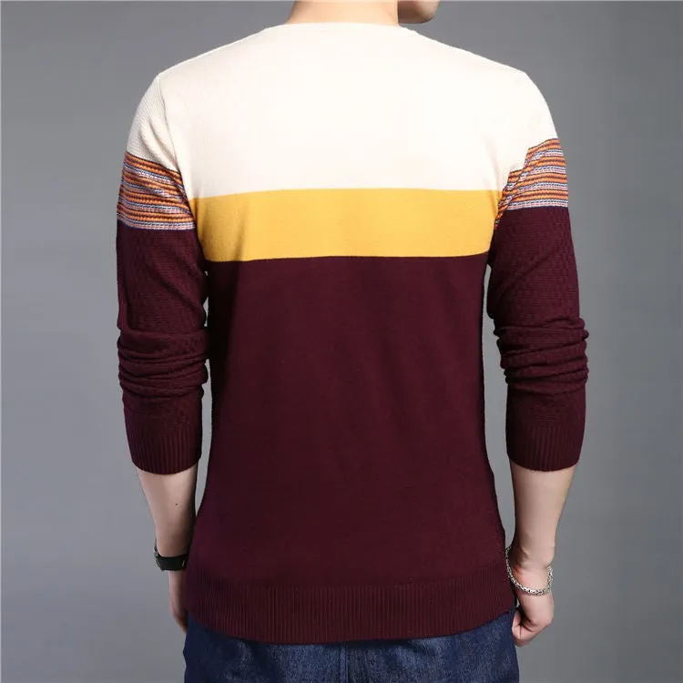 Men's Striped V-Neck Casual Patchwork Pullover