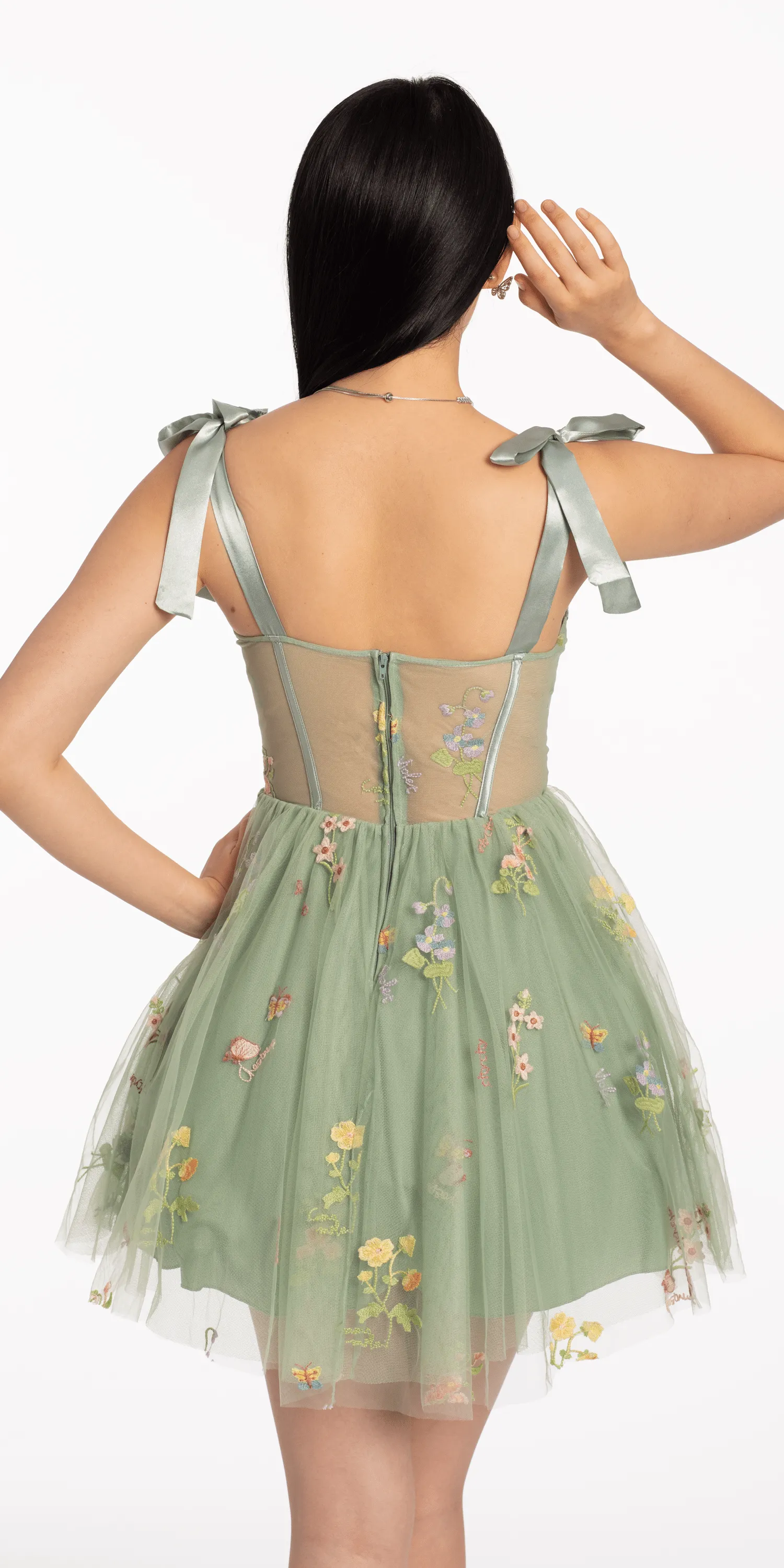 Mesh Floral Embroidered Corset Fit and Flare Dress